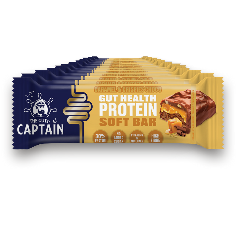 GUTsy Captain GUT HEALTH & PROTEIN SOFT BAR - Chocolate con Caramelo y Crujientes 12 x 50g